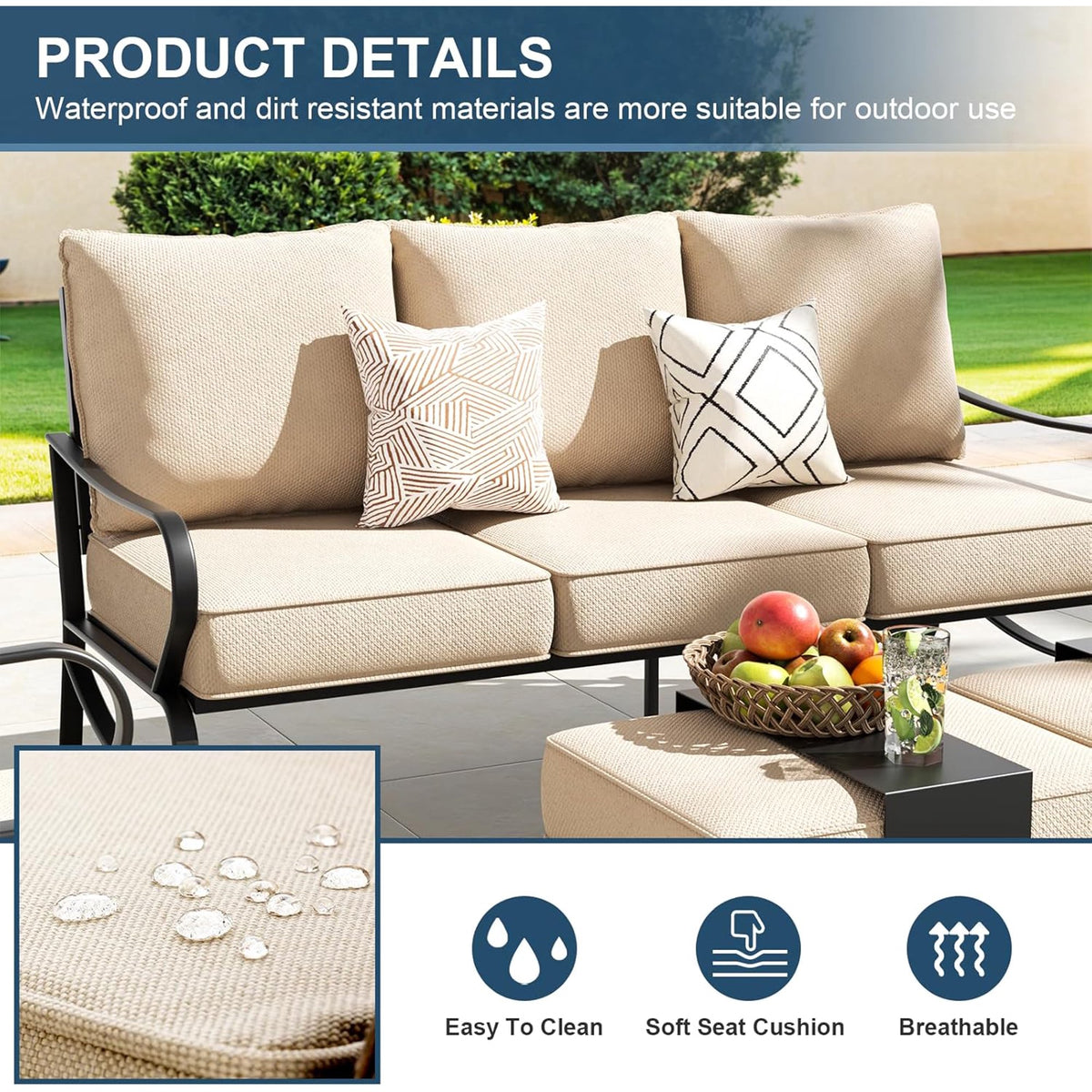 UDPATIO Patio Furniture Set,Metal Patio Furniture Sets,Beige Modern Outdoor Furniture,5 Piece Outdoor Patio Furniture with 5.75" Extra Thick Cushion for Backyard,Garden（Include Waterproof Covers）
