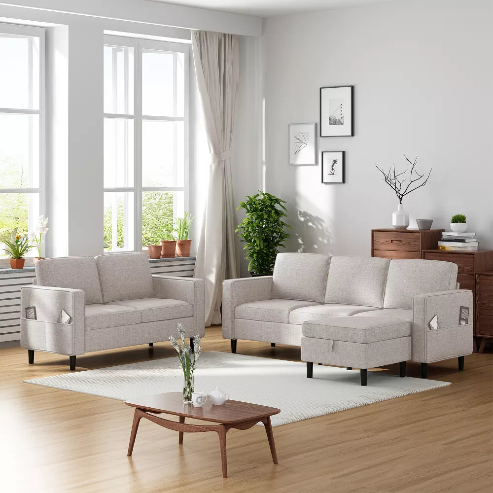 Mjkone 3PCS Convertible Sectional Sofa Set, Linen 3-Seater Sofa & Loveseat Couch with Side Pocket, Storage Ottoman