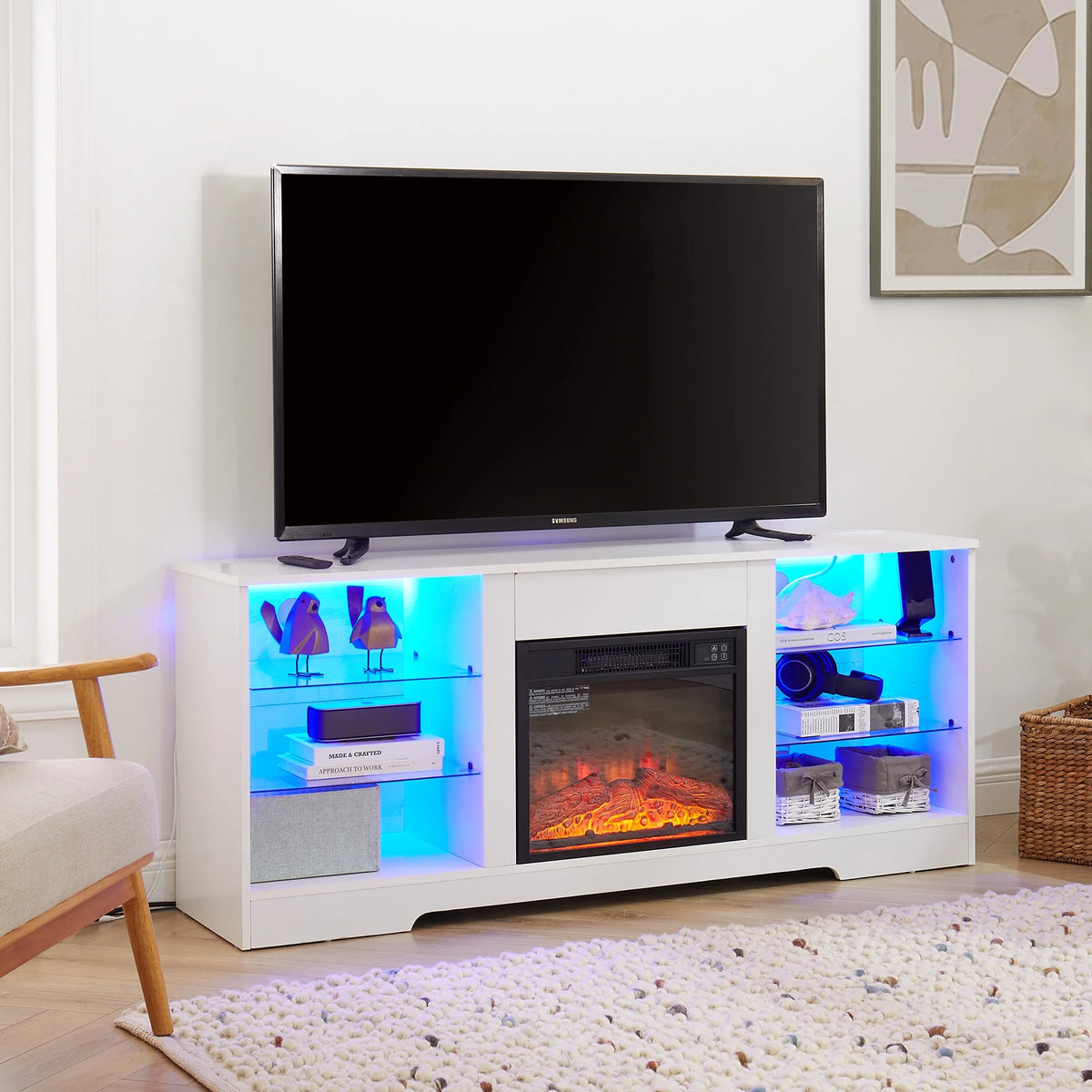 PAPROOS Fireplace TV Stand with LED Light for 62 Inch TV, Entertainment Center with USB Charging Outlet and Glass Shelves, Electric Fireplace with Adjustable Warmth, White