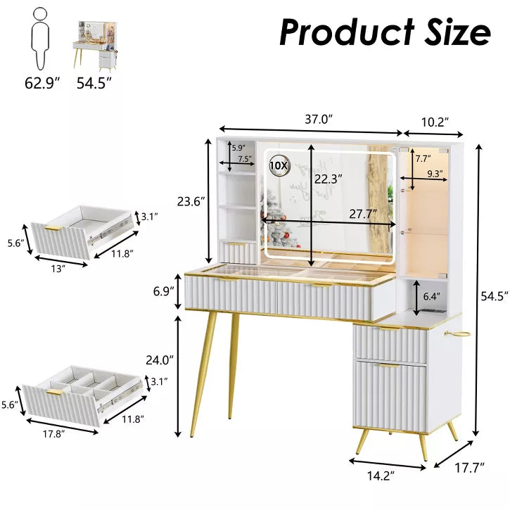 PAKASEPT Makeup Vanity Desk, Dressing Table with Lights & Power Outlet, Fluted Vanity Desk with Glass Top, 3 Drawers and 2 Cabinet