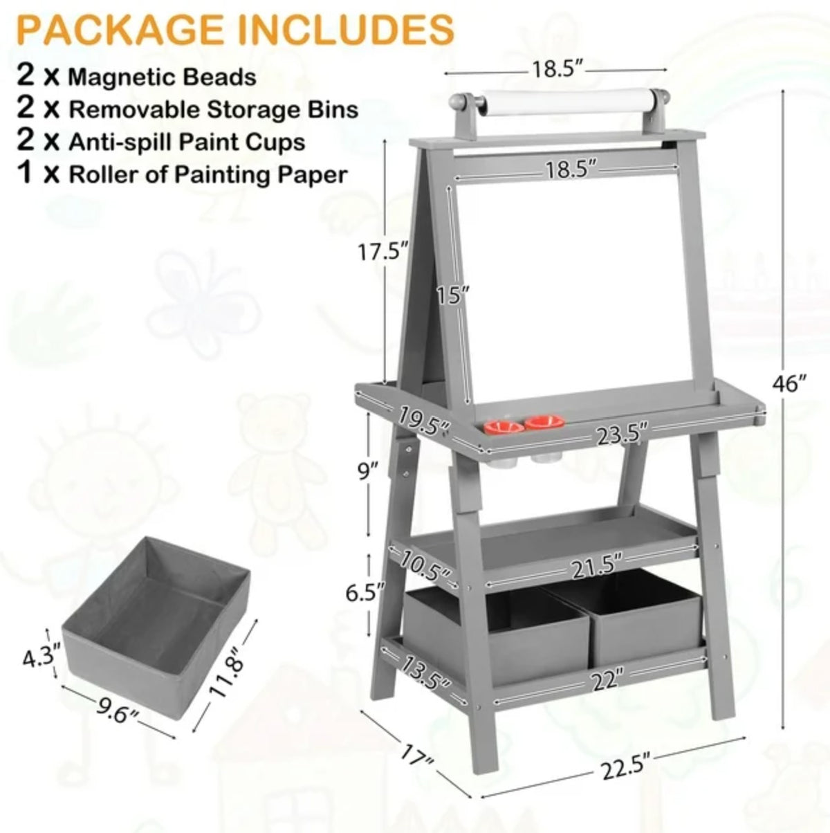 LINLUX 3 in 1 Art Easel for Kid, Whiteboard for Kid with Stand, Magnetic Chalkboard Pizarra, Grey