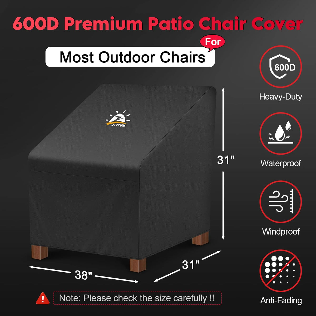 CATGOOD Patio Chair Covers 2 Pack, 600D Outdoor Chair Cover Waterproof & Heavy Duty, Lawn Lounge Furniture Cover for Wicker Chair, Swivel Chair, Rocking Chair, Single Sofa Chair, 38 x 31 x 31", Black