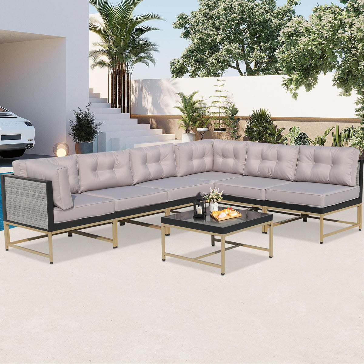 Patio Outdoor Furniture Sets, 7 Pieces All-Weather Rattan Sectional Sofa with Tea Table and Cushions, PE Rattan Wicker Sofa Couch Conversation Set for Garden Backyard Poolside