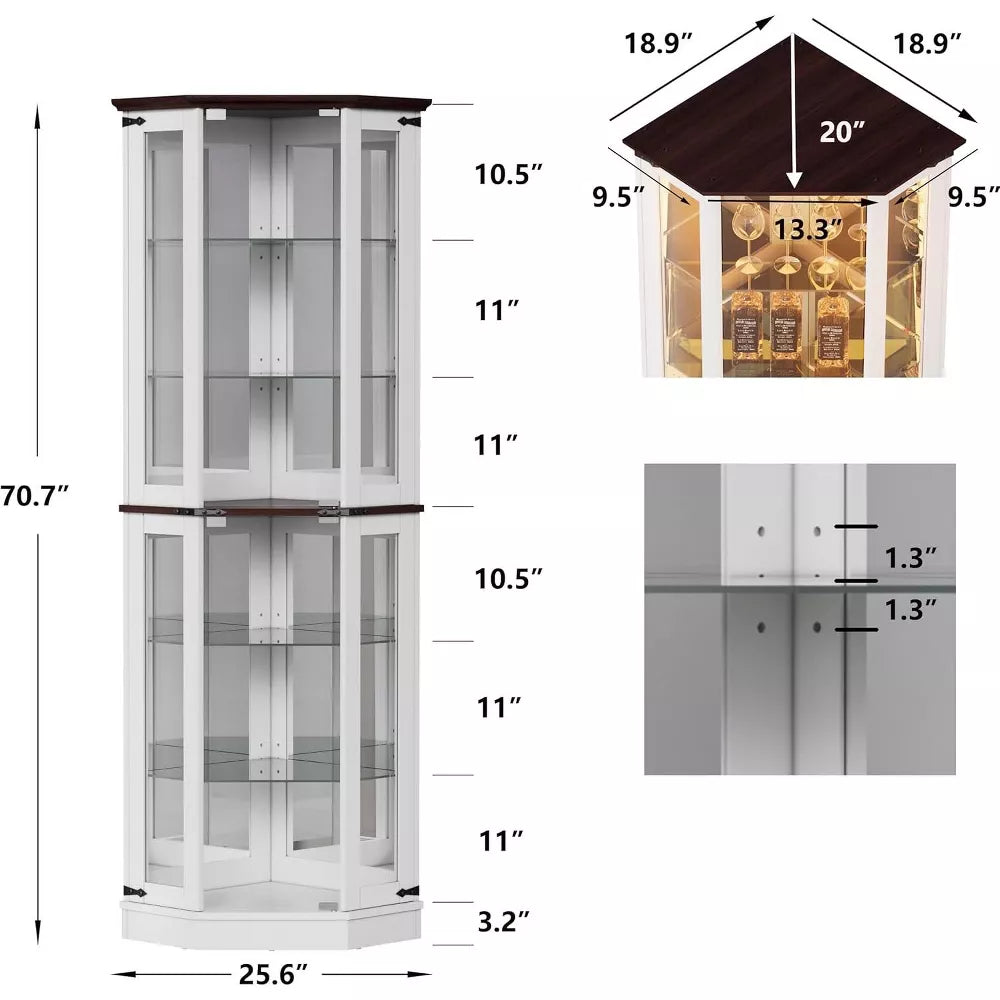 PAKASEPT 71'' Display Curio Cabinet with LED Lights, Tempered Glass Doors, 6 Shelves, Curio Cabinet for Home & Office