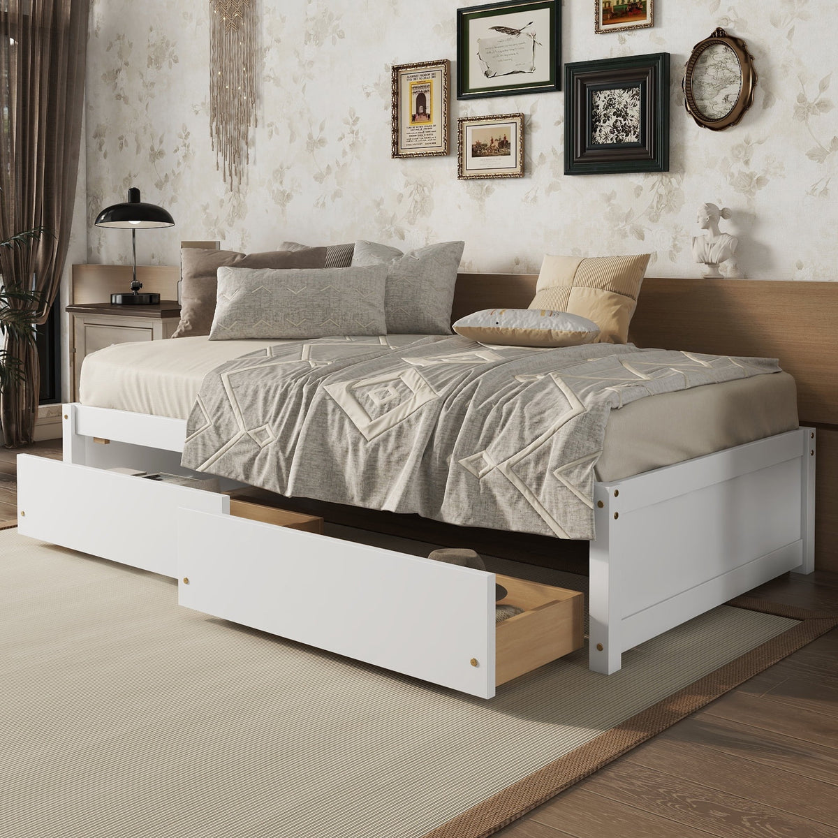 Segmart Twin Daybed Bed for Kid's Room, Farmhouse Style Solid Wood Twin Captain's Bed with 2 Storage Drawers, 200lbs, White