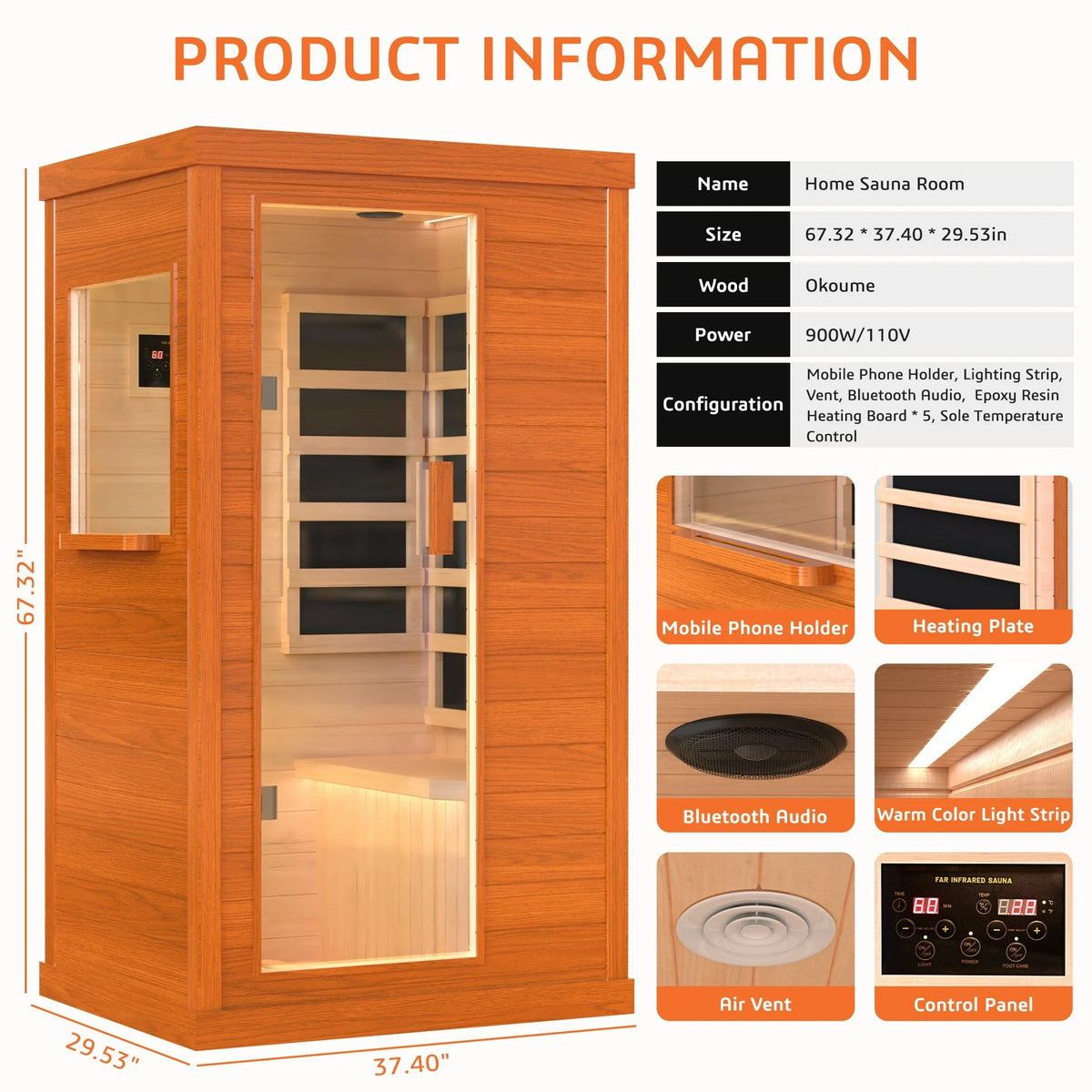 1 Person Infrared Sauna, Okoume Wood Far Infrared Saunas for Home, 9000watt Indoor Personal Sauna Room Box with Control Panel, Glass Door, Blue-Tooth