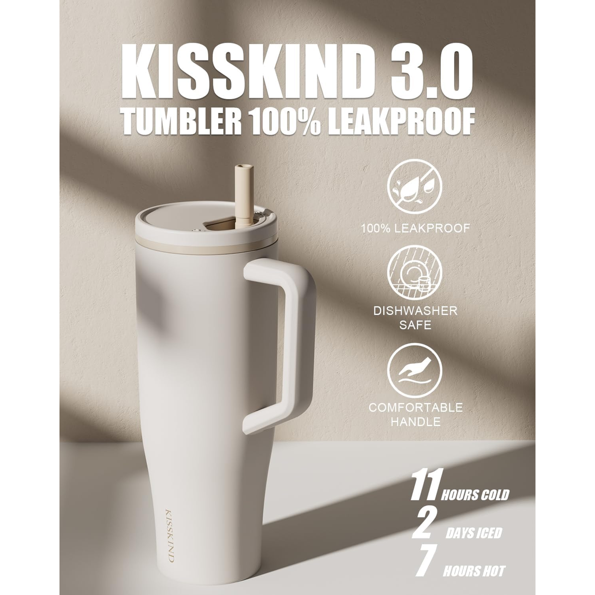 KISSKIND 40 oz Tumbler with Handle and Straw Lid, 100% Leakproof Stainless Steel Vacuum Insulated Cup Travel Coffee Mug Water Bottle, Car Cup Holder Friendly, Rubber Base, Gifts for Women Men(Coffee)
