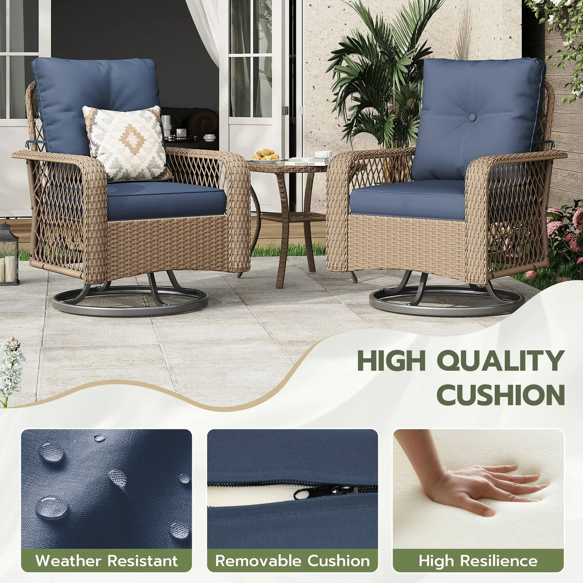 UDPATIO Outdoor Swivel Rocker Chairs, 3 Piece Patio Rocking Chairs with Padded Cushions Patio Bistro Furniture Set with Side Table for Porch Balcony Backyard
