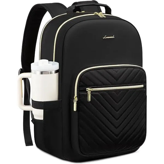 LOVEVOOK Laptop Backpack for Women,Quilted Work Travel College Laptop Bag Black 15.6 inch with Tumbler Holder