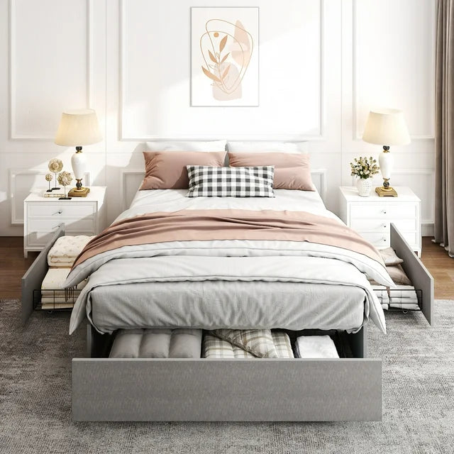Zimtown Full Size Platform Bed Frame with 3 Storage Drawers, Fabric Upholstered, Teen, Adult, Grey