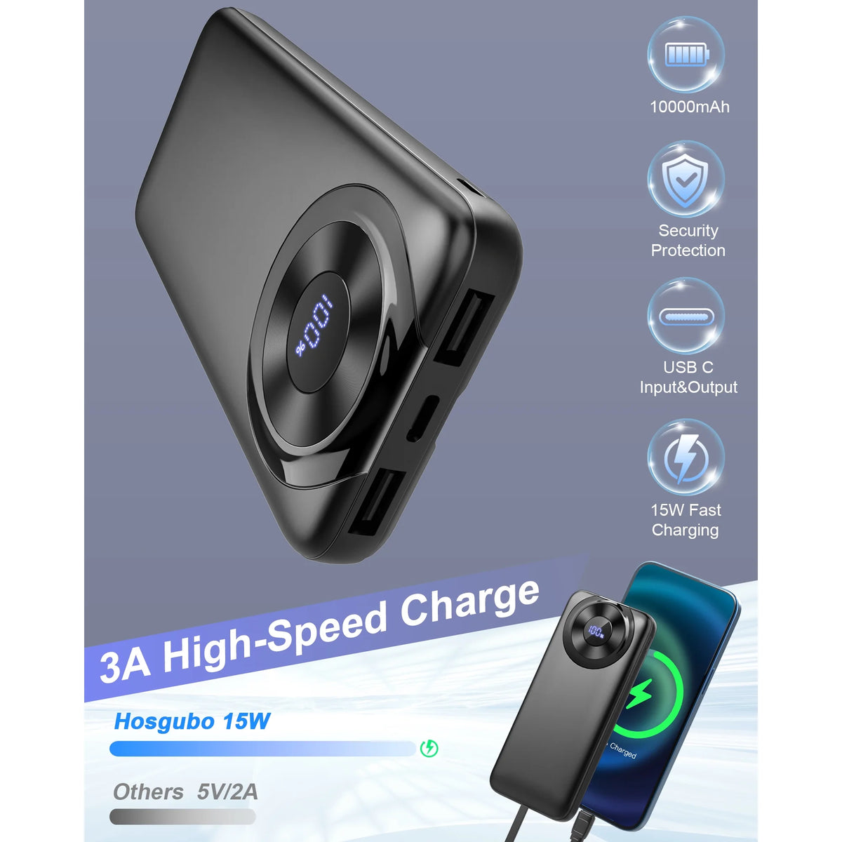 Portable Charger, 10000mAh Power Bank with LED Display, High-Speed Charging with Built in Cable 5V/3A Slim Battery Pack, USB-C in&Out Powerbank Travel Must Haves Compatible with iPhone/Android/Tablet