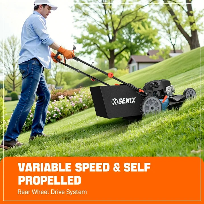 SENIX 22  Self Propelled Gas Lawn Mower Variable Speed, 163 cc 4 Cycle Made in USA Briggs & Stratton Engine Push Mower, 3 In 1, 6 Position 1 Step Height Adjustment, 11 In Rear Wheels, LSSG H2