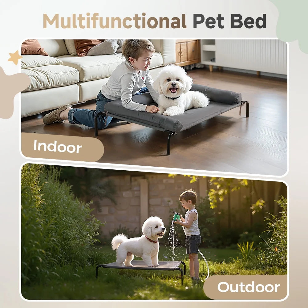 Dog Bed, DOMIPET Elevated Dog Bed Cot with Removable Pillow for Small Dogs,Cooling Pet Cot, Gray