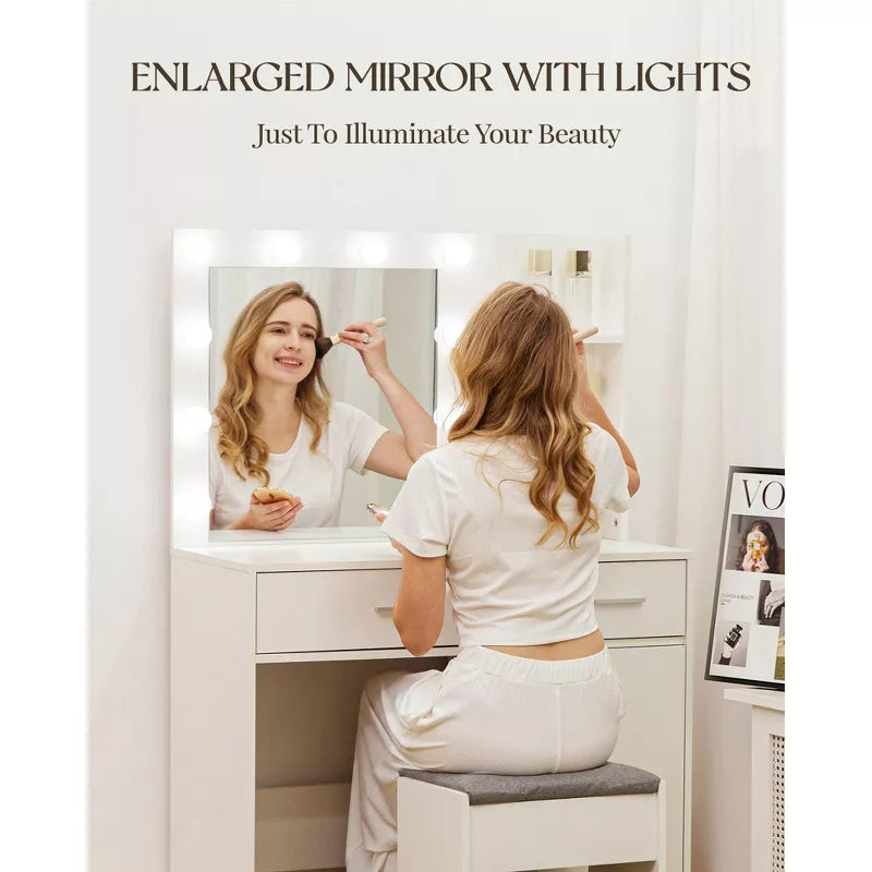 HYLEORY Vanity Desk with Mirror, Power Outlet and 10 Lights, Makeup Table with 3 Drawers,3 Color Modes Available for Bedroom