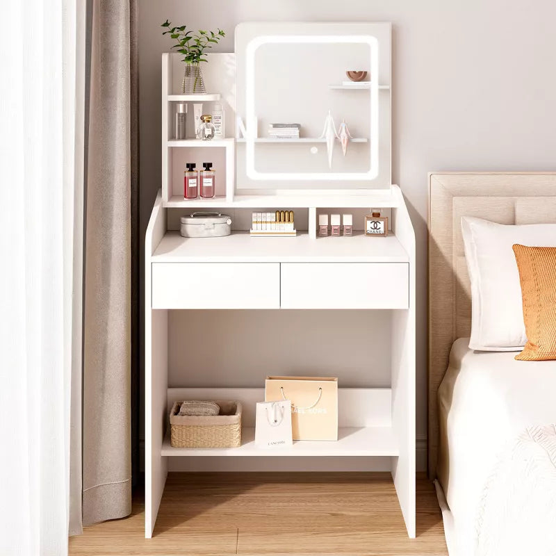 Vanity Desk Set with Square Mirror and Light  Small Vanity Tale with Drawers