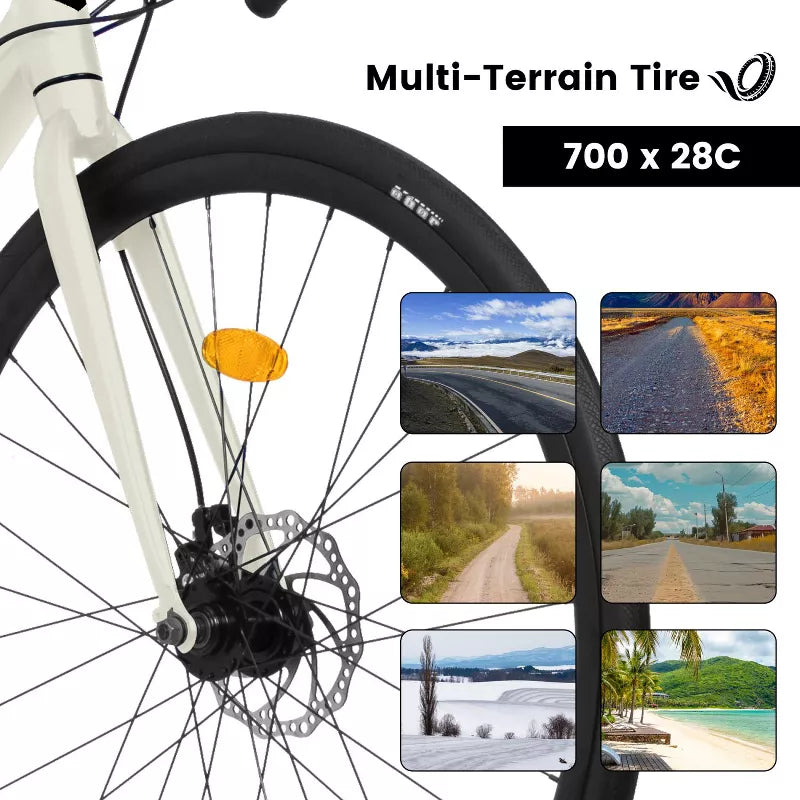 BestParts 700C Road Bike, Lightweight Commuter Bicycle for Adults, 16-Speed Urban Racing Bike with Disc Brakes, 28 Inch Aluminum Frame, Cream