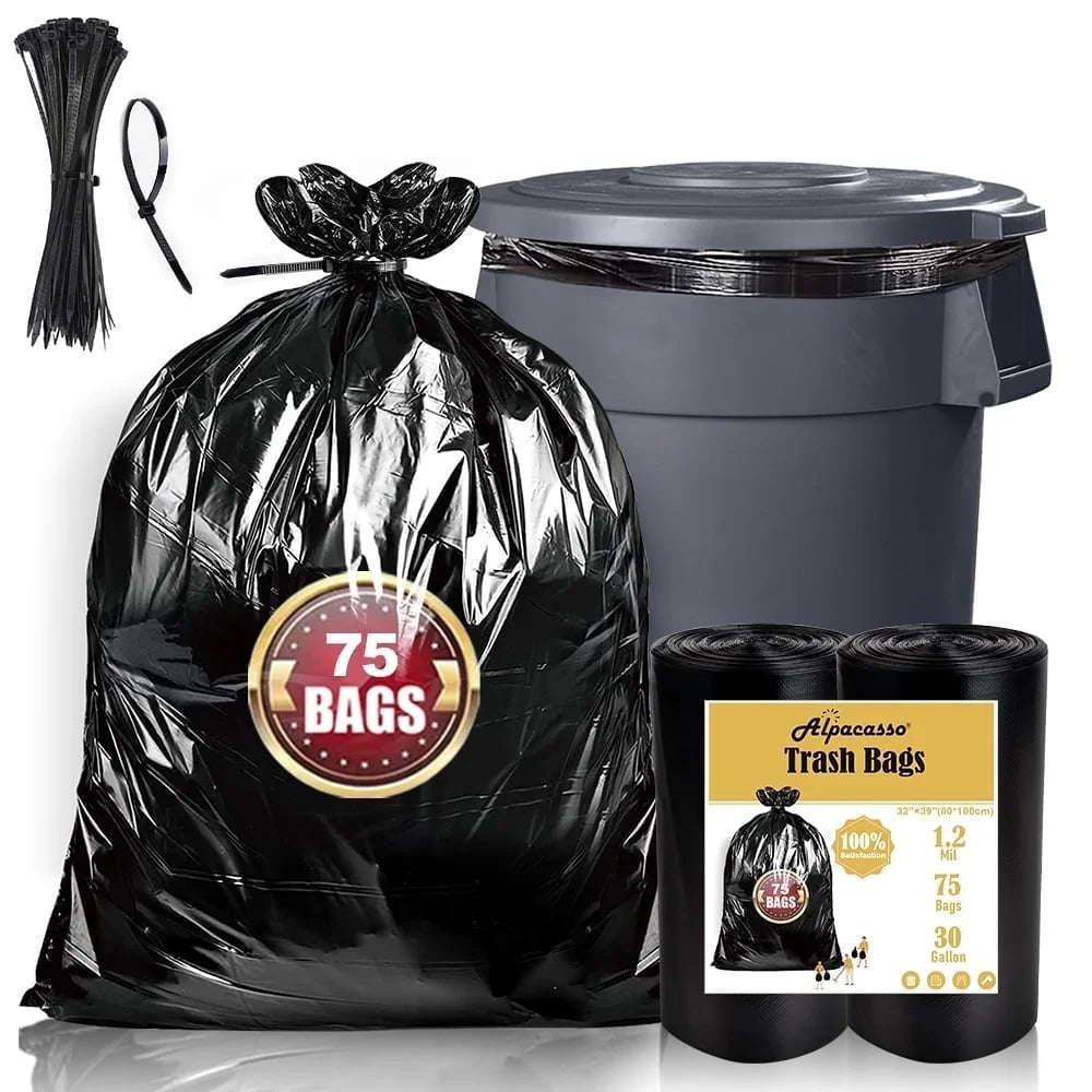 33 Gallon Trash Bags (75Count) ,33-35 Gallon Black Garbage Bags ,Garbage Can Liners with Tying Ropes