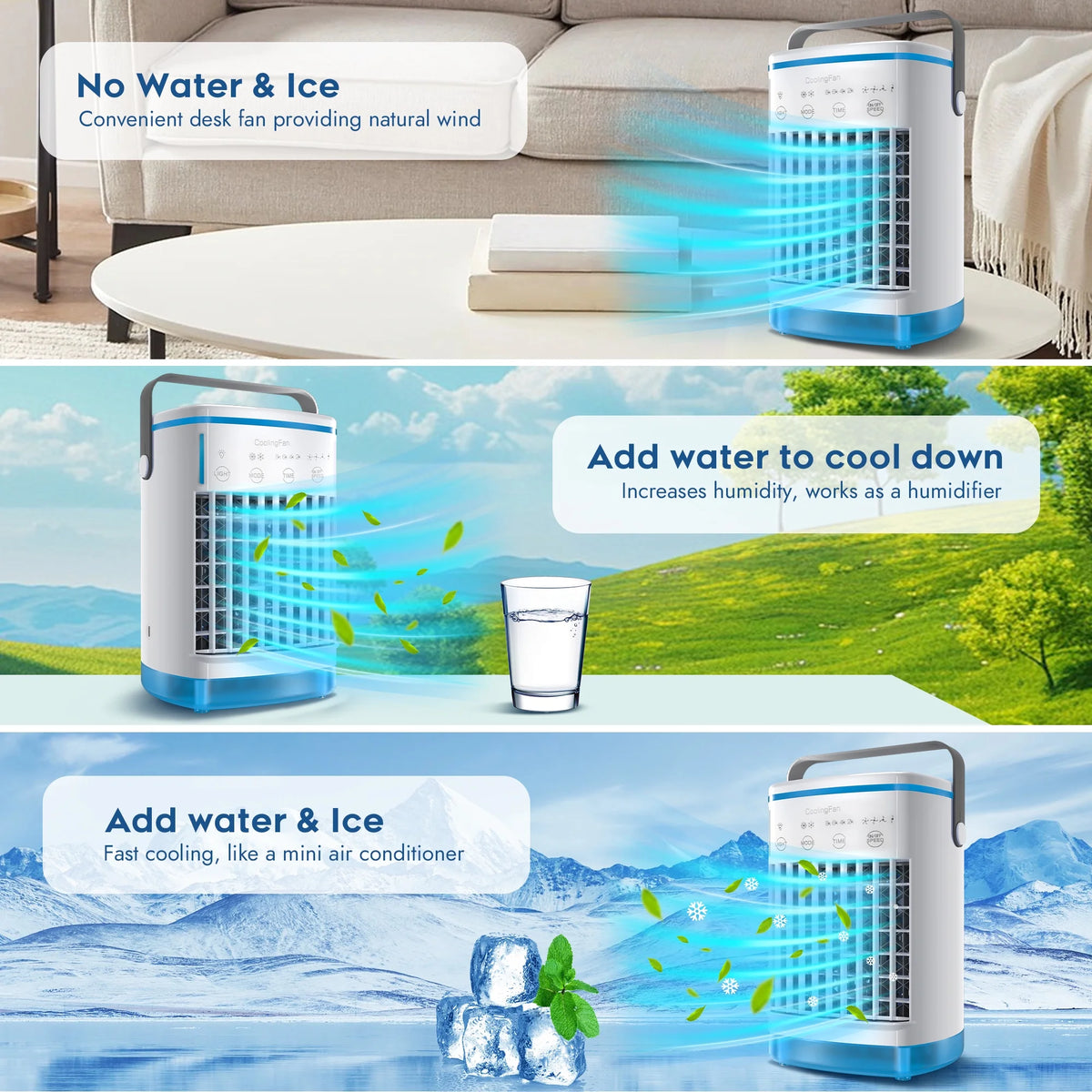 Uarter Portable Air Conditioners Cooling Fan Evaporative Cooler Desk Mini 4 Speed Misting Fan with 700ml Water Tank, 7 Color Ambient Light, Timing function, White