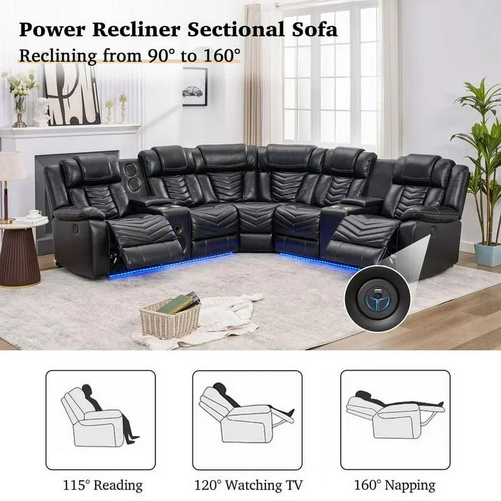 Othniel Power Reclining Sectional Couch with Bass Speaker Ambient Light USB Port,Cup Holder Black