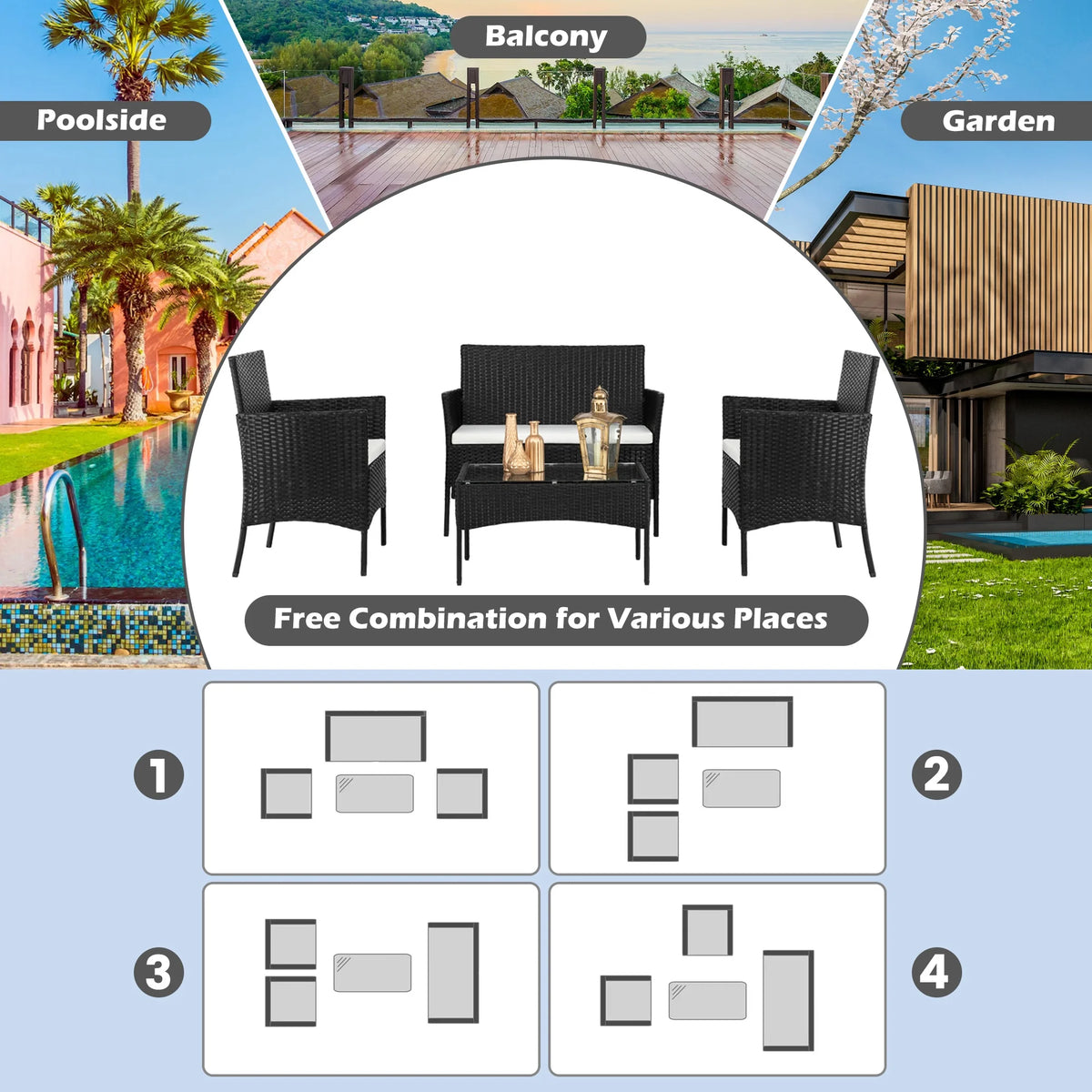 Outdoor Patio Conversation Set, Segmart 4 Pieces Rattan Sofa Set Cushioned Sofa & Charis, Deck Porch Poolside Furniture Table Set for 4, Black