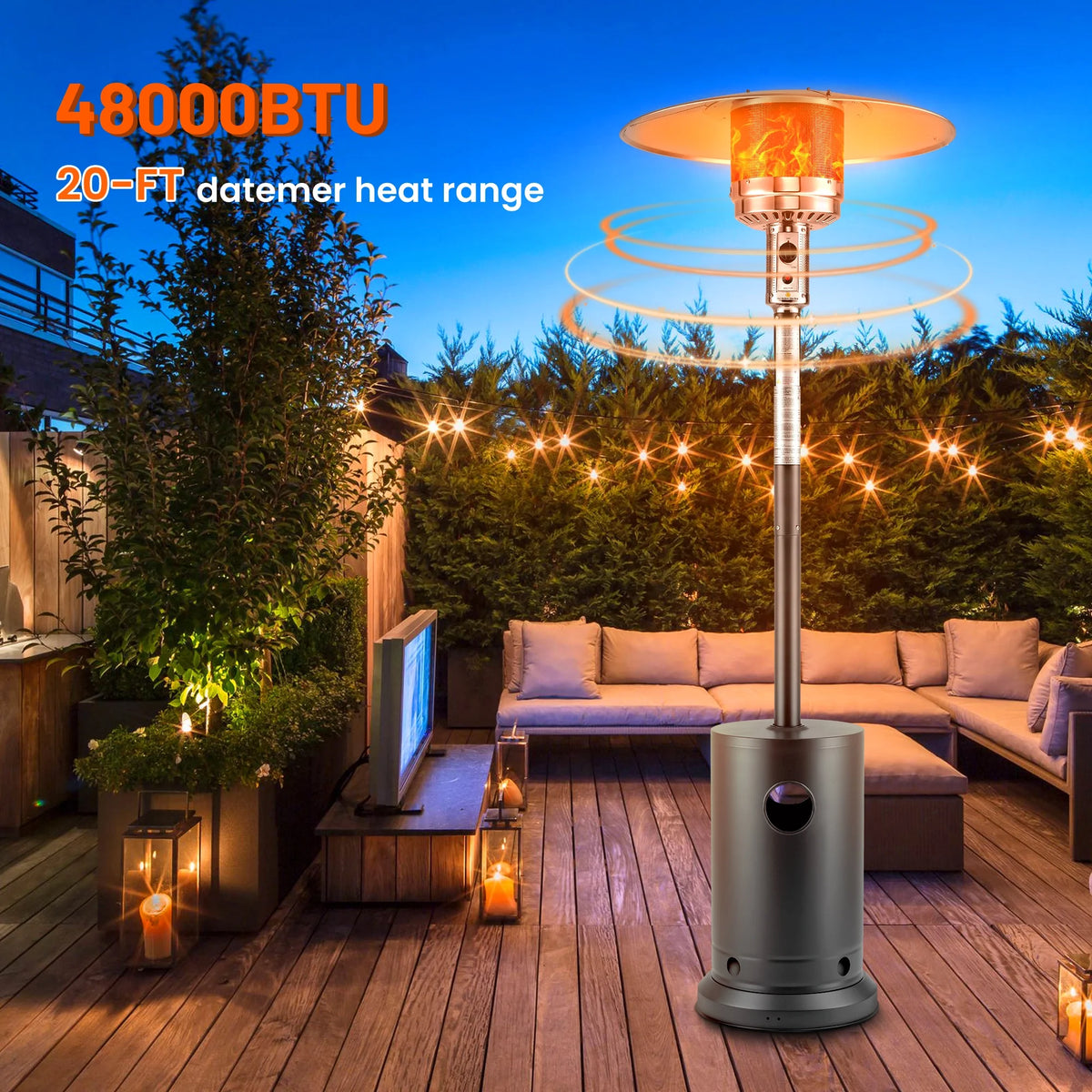 Propane Patio Heater w/ 12' Heating Radius, 48000 BTU Heavy Duty Heater w/ Overheating Protection System, Stainless Steel Flame Heater w/ Wheels, Sliver&Gray
