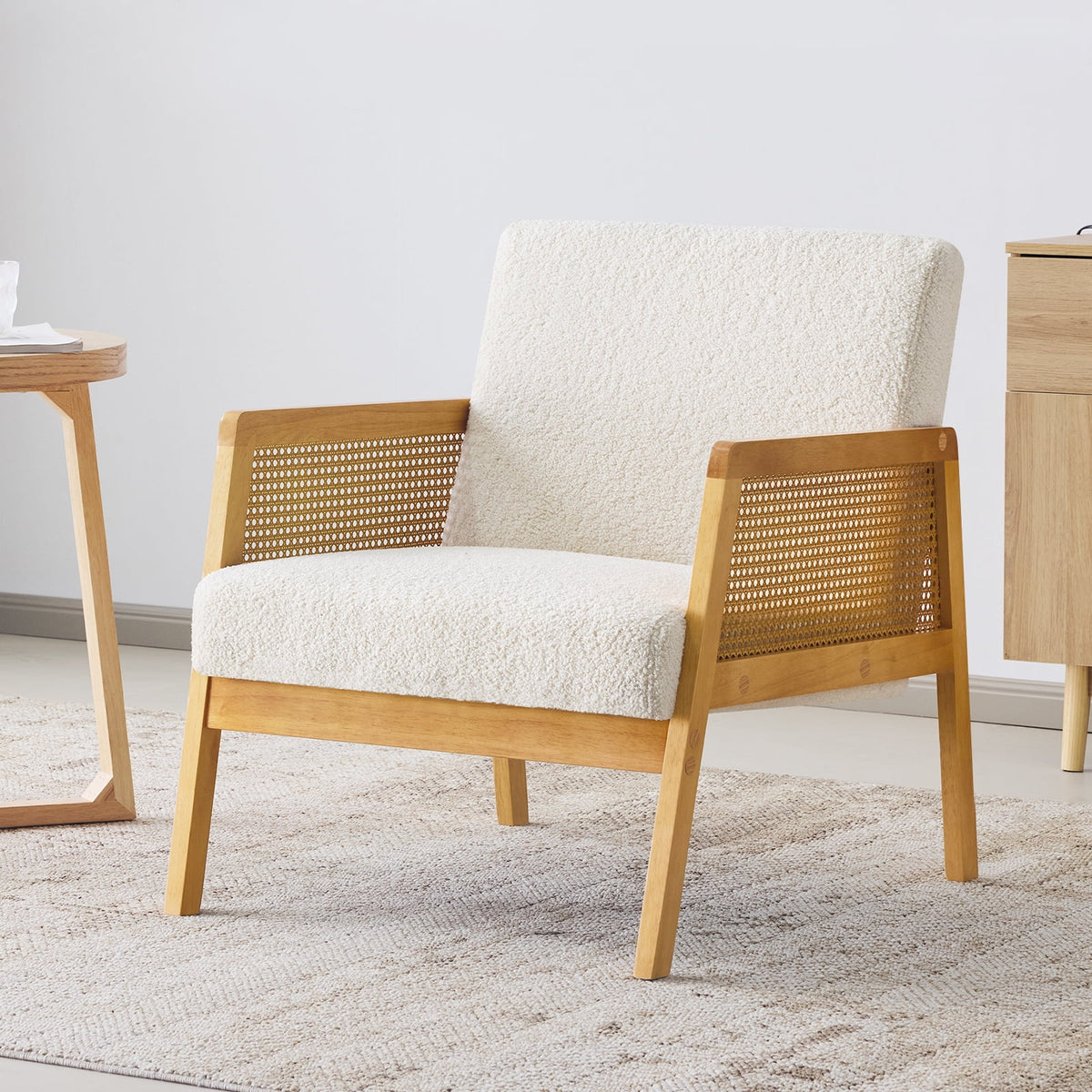 Furniliving Modern Accent Chair, Upholstered Living Room Chair with Rattan Armrest, Reading Leisure Chair, Comfy Arm Chair for Living Room, Bedroom, and Office. (Ivory White)