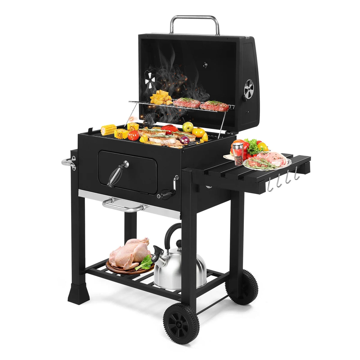 Seizeen 22.5'' Outdoor Heavy-duty BBQ Charcoal Grill Adjustable, Portable Smoker Grill w/ Foldable Side Table, Wheels, Storage Shelf