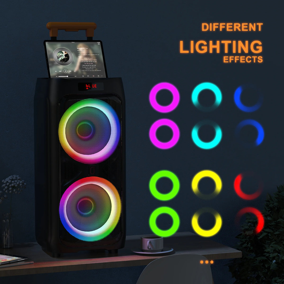 FanFun Large Party Speaker, 8" Big Bluetooth Party Speaker with 500W Peak Power, PA System with LED Disco Light, Rolling Wheels and Trolley, Perfect for Outdoor Home