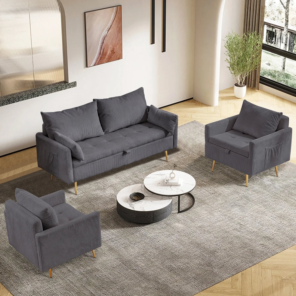Furniliving 2 Seat Fabric Sofas with 2 Pillow, Modern Small Loveseat Sofa, Upholstered Button Tufted Sofa Couch, Gray