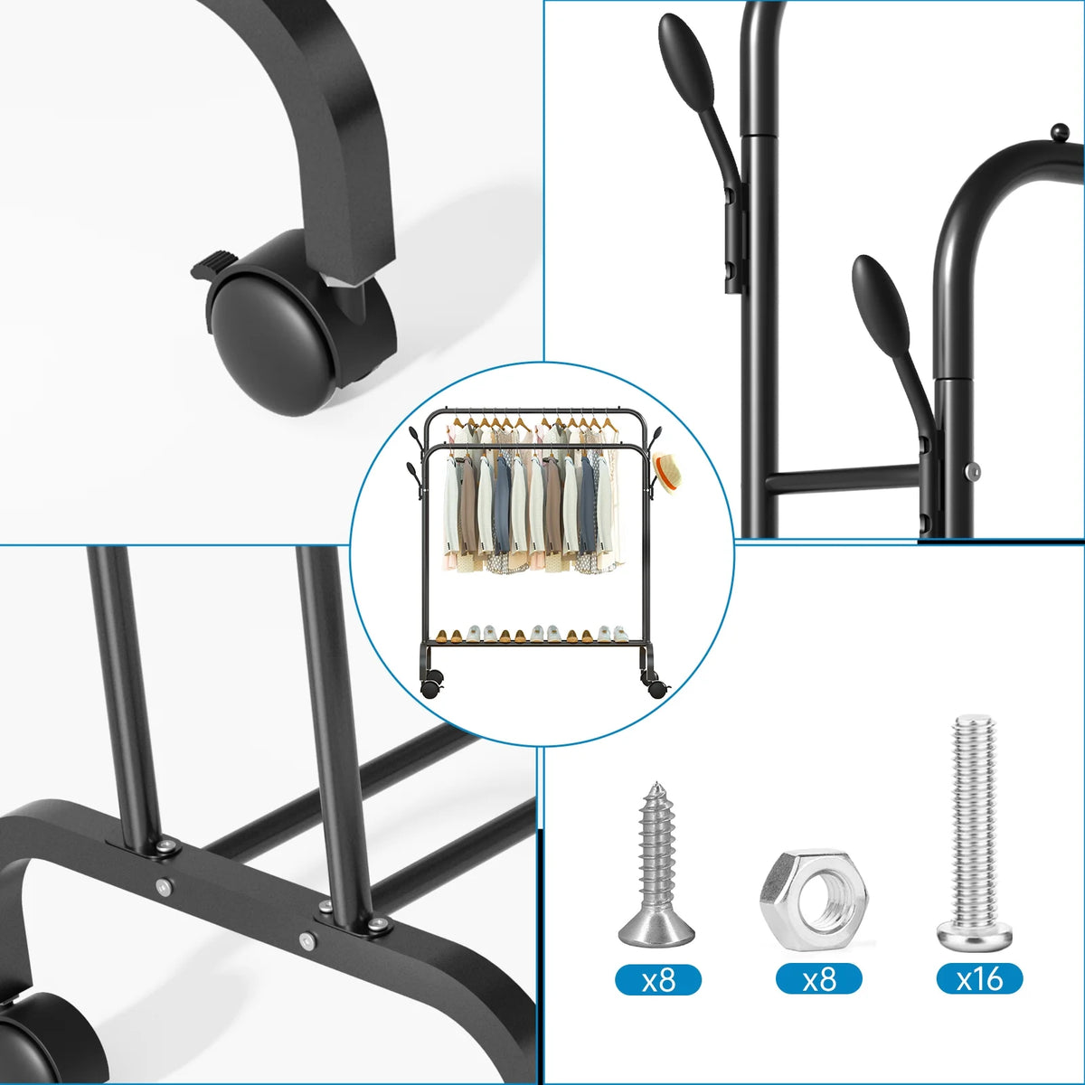 Clothes Rack for Hanging Clothes, Double Rods Clothes Rack with Wheels, Multi-functional Clothing Rack for Bedroom, 4 Hooks