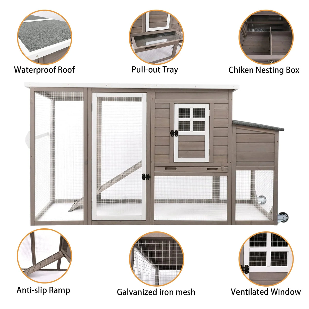 PETSCOSSET 75" Chicken Coop 2-Story Large Wooden Chicken Cage with Wheels, Nesting Box, Asphalt Roof, Removable Tray and Ramp for 1-4 Chickens, Grey