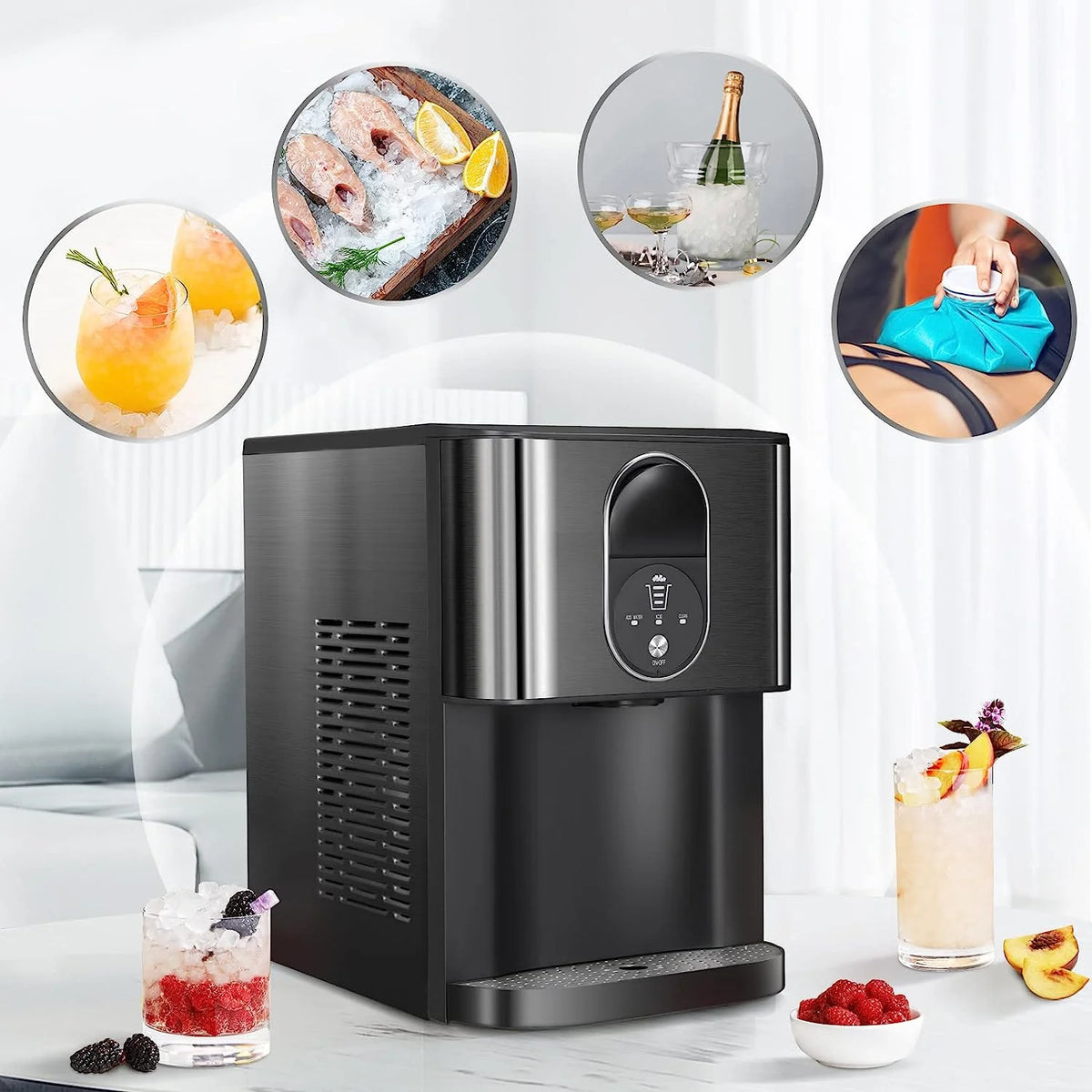 Auseo Compact Ice Maker with Soft Chewable Ice, 44 Lbs/24H, Self-Cleaning, One-Click Operation for Home/Party(Black)