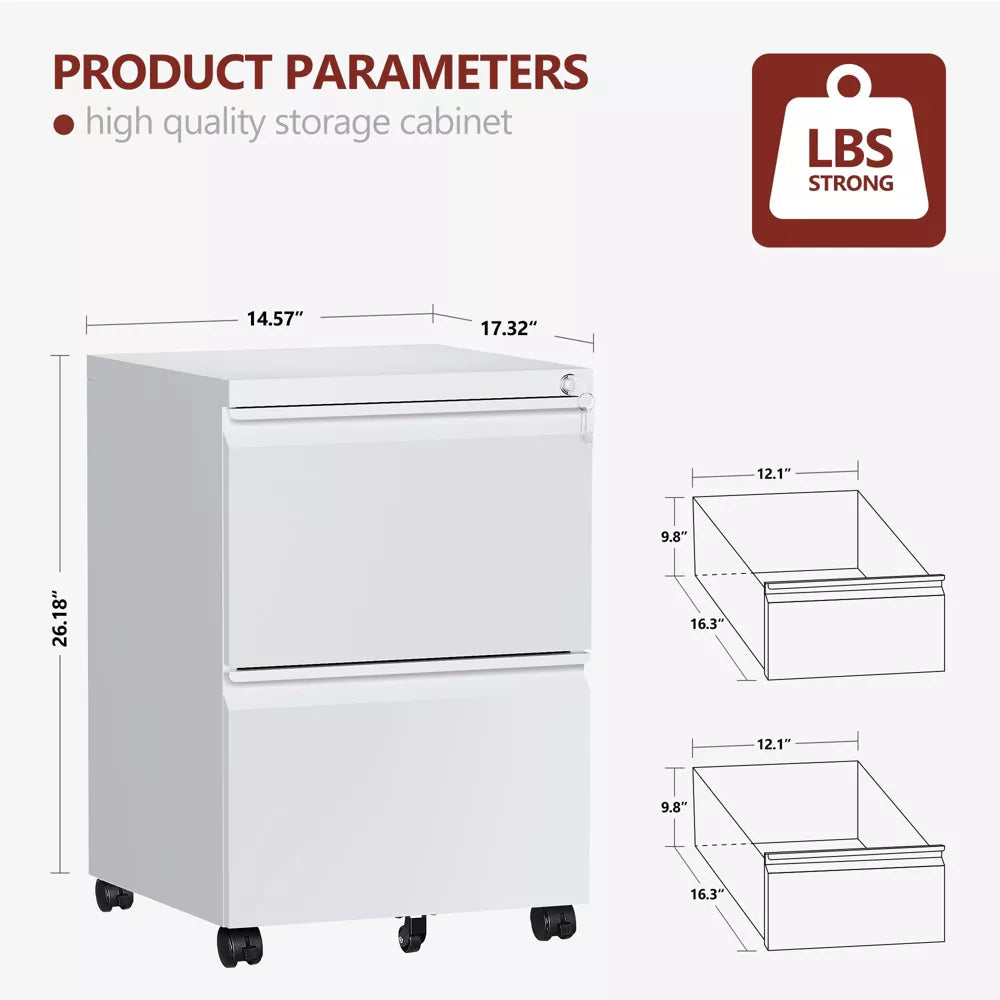 Mlezan 2-Drawer File Cabinet: Mobile, Lockable, with Wheels. Fully Assembled, Metal Cabinet for A4/Letter/Legal Files, Under-Desk Storage.