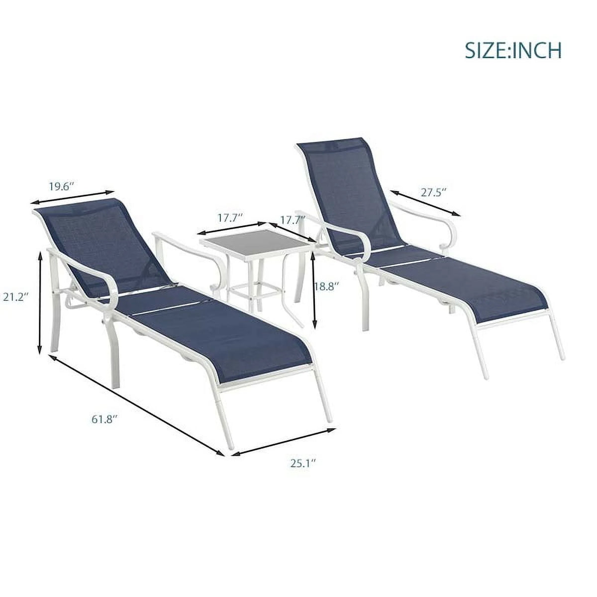SEGMART Outdoor Lounge Chairs Set of 3, Adjustable Patio Chaise Lounges with Side Table, Lounger Recliner for Poolside, Backyard, Porch,440lb Capacity - Blue