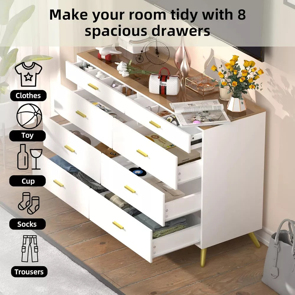 PAKASEPT White Dresser with LED Lights, 8 Drawer Dressers with Tempered Glass Top