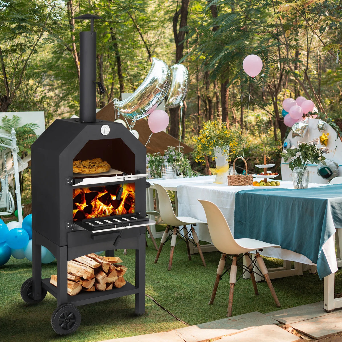 Freestanding Pizza Oven for Outside, Firewood Burning Pizza Maker Stove for Patio Camping Picnic, Portable Pizza Oven on Wheels with Pizza Stone, Peel, Grids, Grills, Thermometer