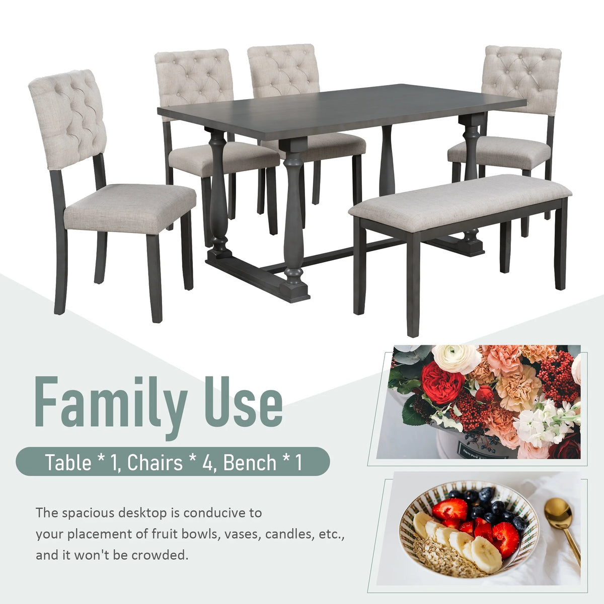 EUROCO 6-Piece Dining Table and Chair Set with Special-shaped Legs and Foam-covered Seat Backs&Cushions for Dining Room