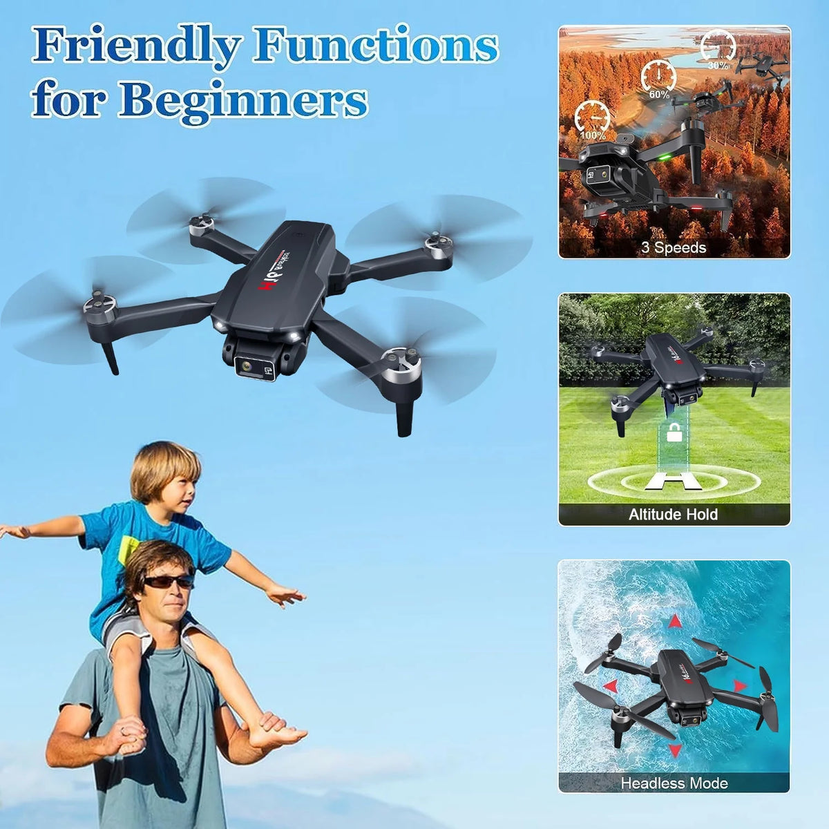 BEEPRINCESS H16 Drone with Camera for Adults 4K, Foldable Drone for Beginners with Brushless Motor, Optical Flow Positioning, with 2 Batteries and Carrying Case
