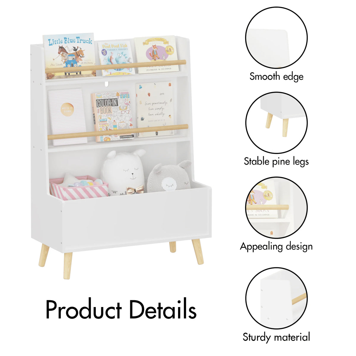 PORKISS Bookshelf for Kids, Wooden Kids Bookcase with Toy Storage Cabinet and 2 Shelves, Freestanding Bookshelf Organizer for Bedroom, Playroom, White
