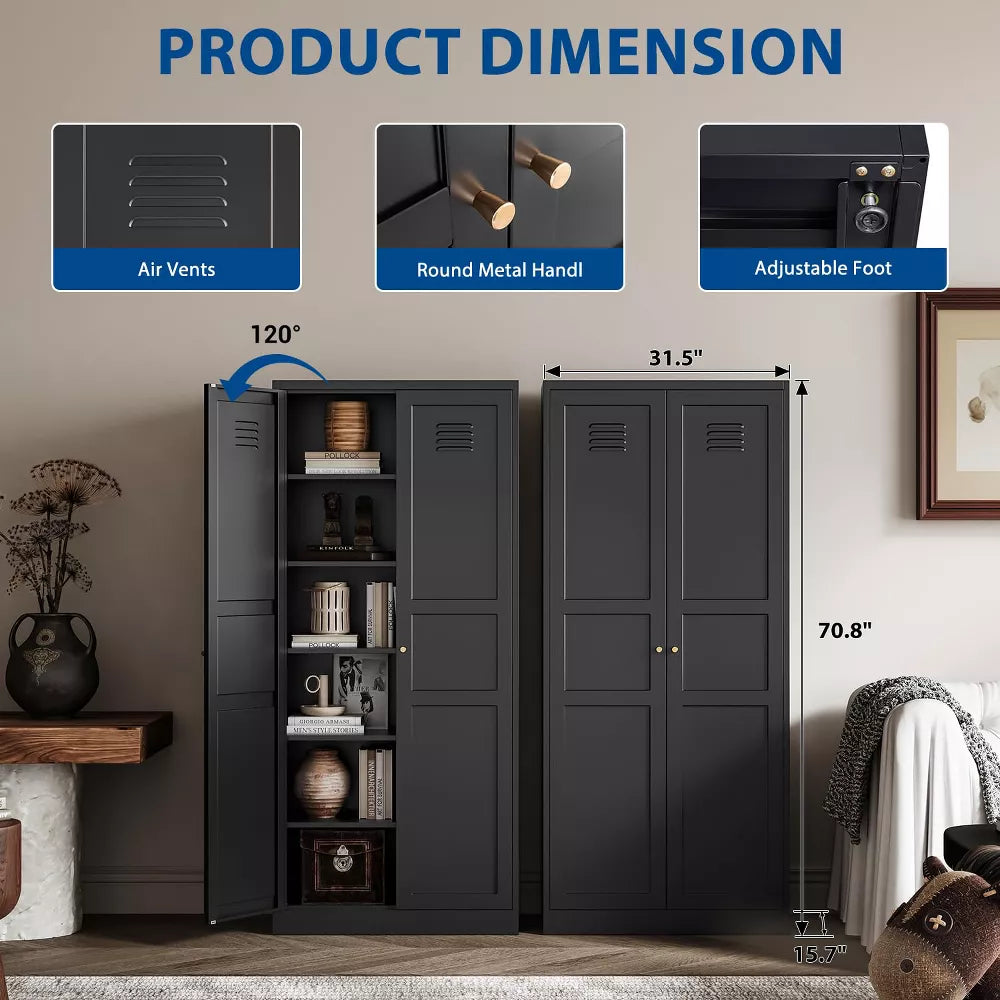 Mlezan 71" White Metal Storage Cabinet: 2 Doors, 5 Adjustable Shelves, Steel Cabinet for Home, Kitchen, School, Office, or Garage Storage.