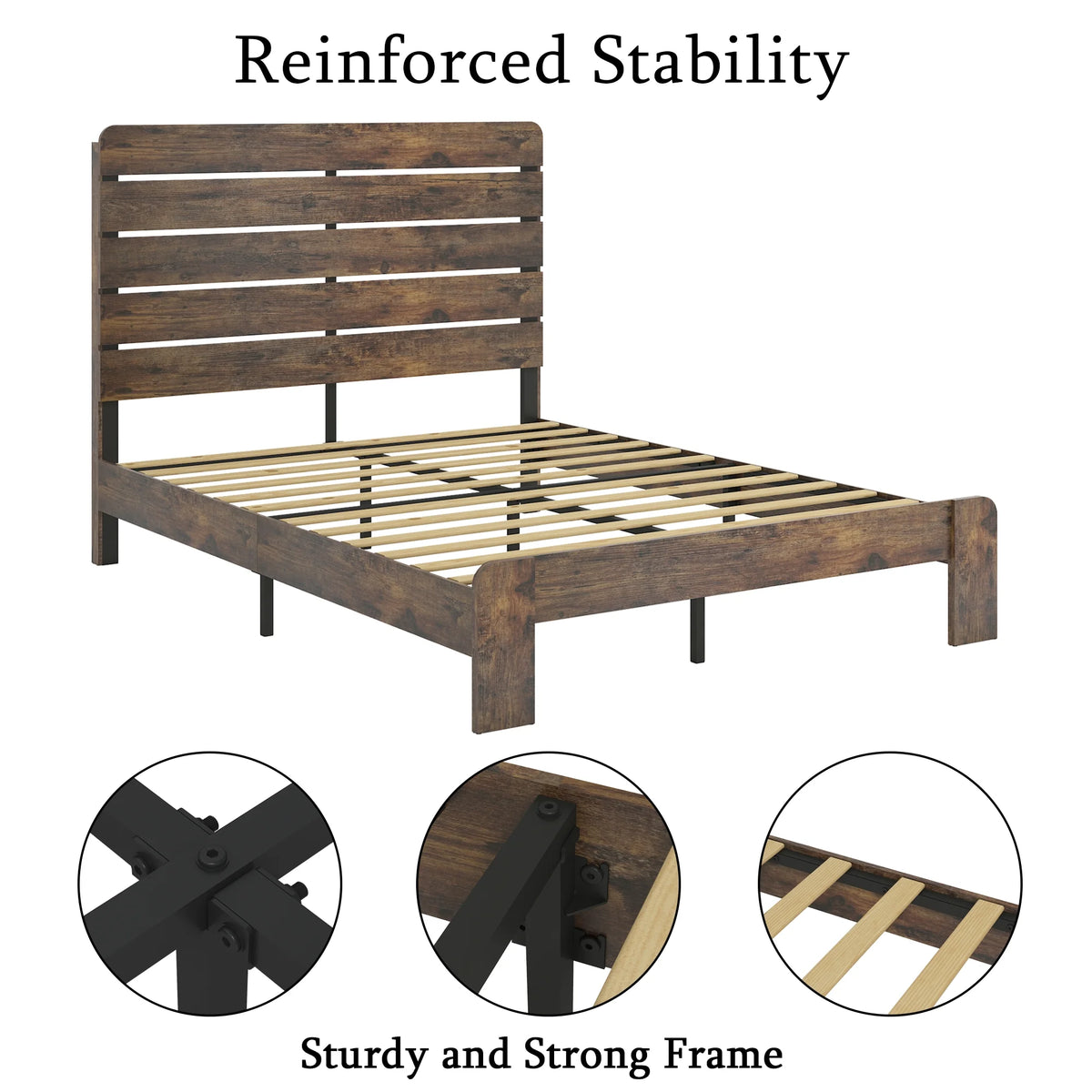 PAPROOS Full Size Bed Frame, Rustic Wood Platform Bed with Headboard, Modern Farmhouse Style Full Bed Frame No Box Spring Needed, Dark Brown
