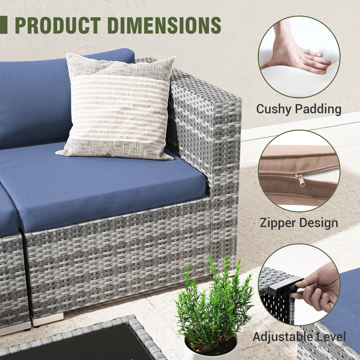 UDPATIO Patio Furniture Set 5 Pieces Modular Outdoor Couch with Glass Coffee Table, L Shaped Wicker Sectional Sofa Patio Conversation Set for Backyard Porch Balcony