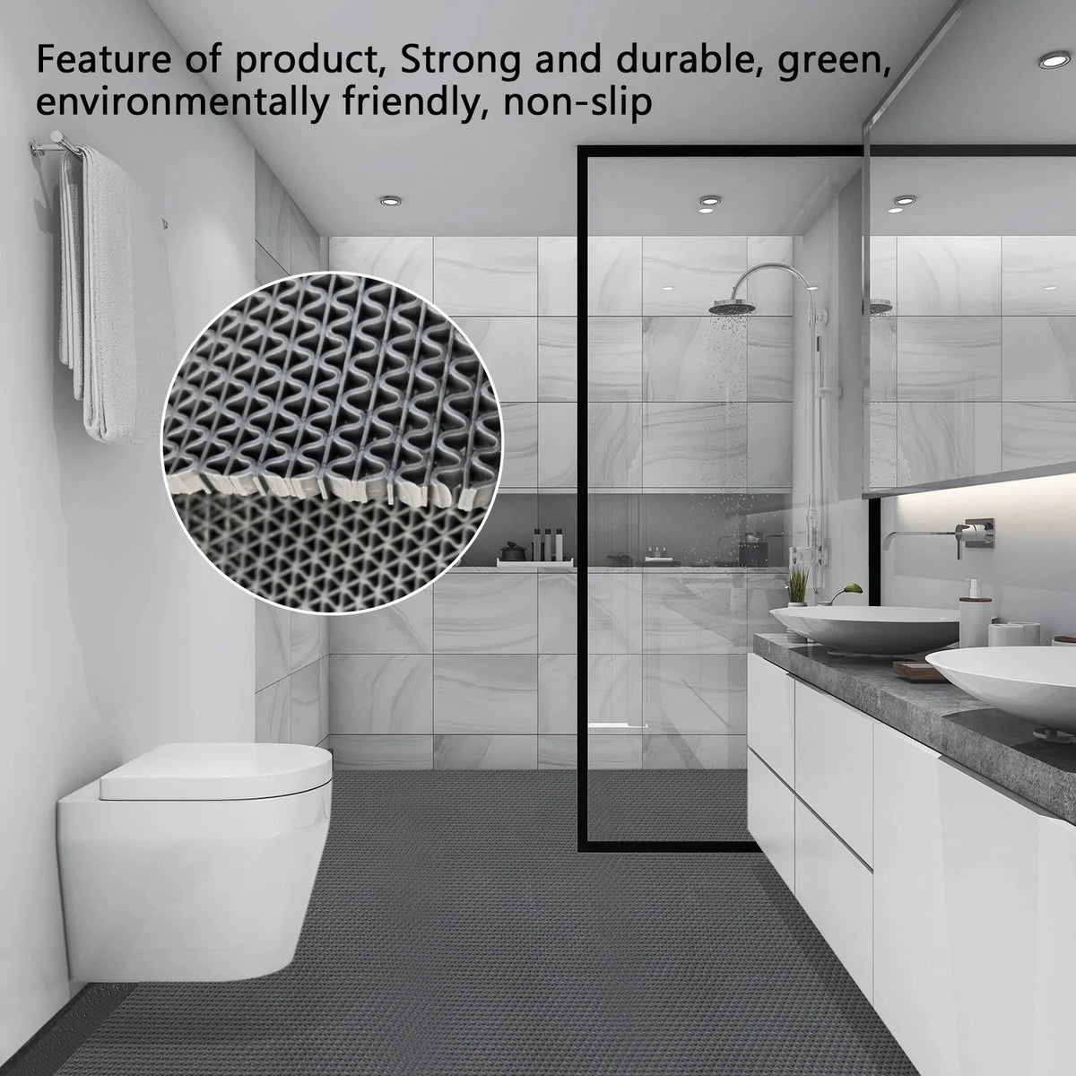 OVYEOFR 3 X 10 ft Non-Slip Hollow Mesh Drainage Mat , PVC Floor Mat for Bathroom Kitchen Restaurant Garage Hotel Winter Wet Area, Grey