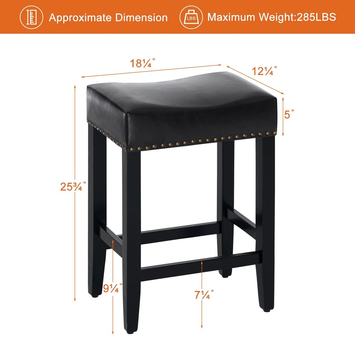 Furniliving Modern Backless Counter Stool Rubber Wood Saddle Seat Stool Kitchen Counter Bar Stool,Set of 2,Black
