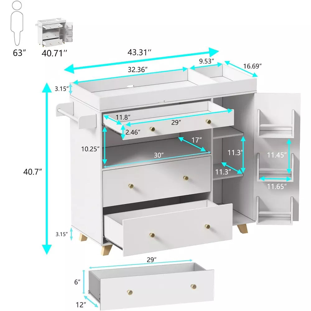 PAKASEPT Modern White Changing Table With 1 Cabinet and 3 Drawers
