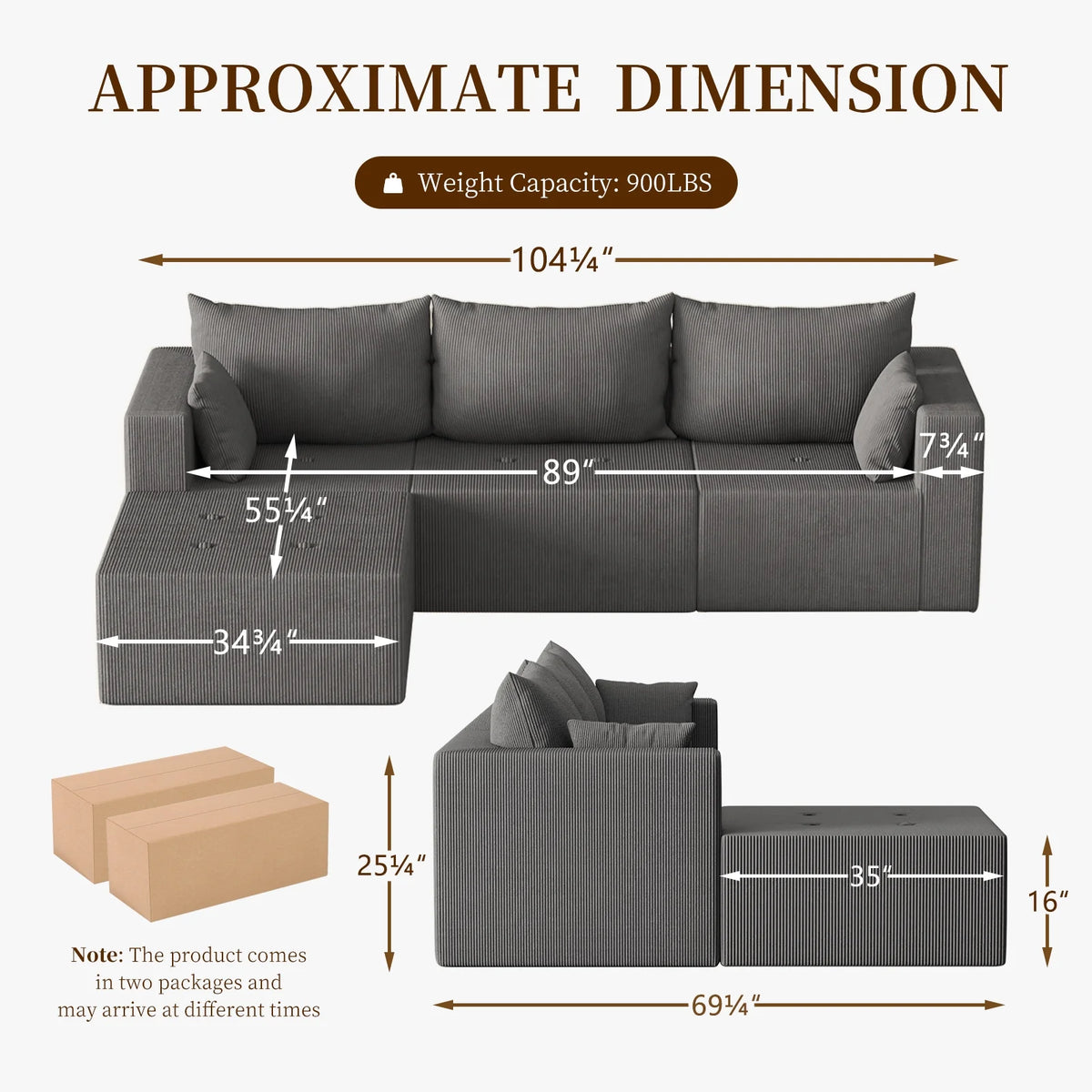 Furniliving 104.25" Modular Sectional Sofa, L-Shape Large Sectional Sofas, Cloud Sectional Sleeper Couch for Living Room, Bedroom, No Assembly Required, Gray