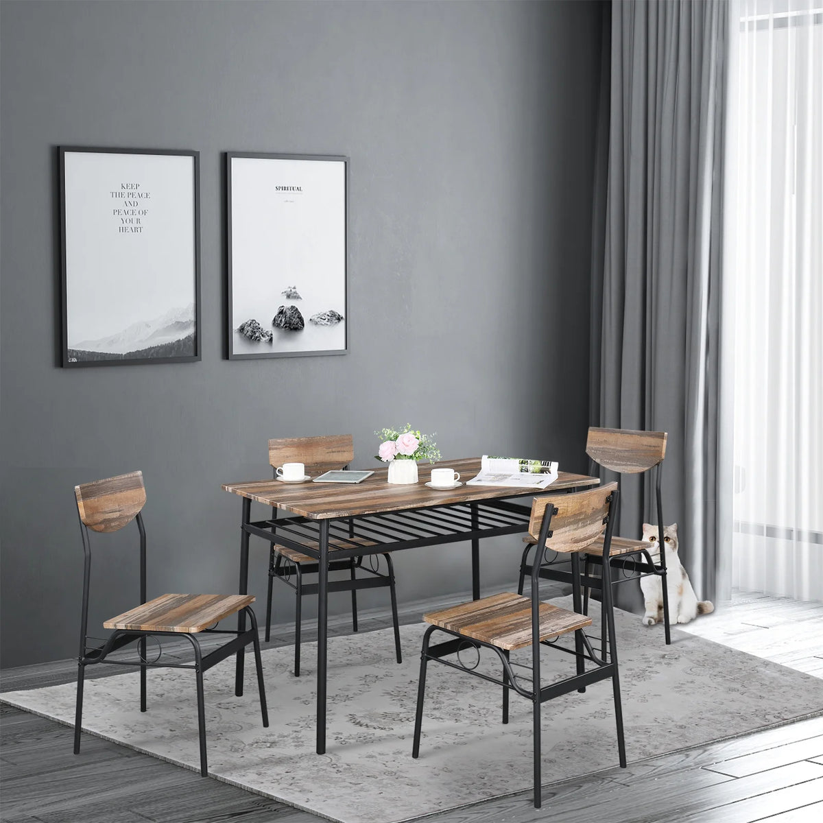 PAPROOS Dining Table Set for 4, 5 Piece Kitchen Table Set with Wooden Top and Metal Frame, Heavy Duty Dinette Sets for Breakfast Nook, Industrial Style Dining Room Table and Chairs, Natural&Black