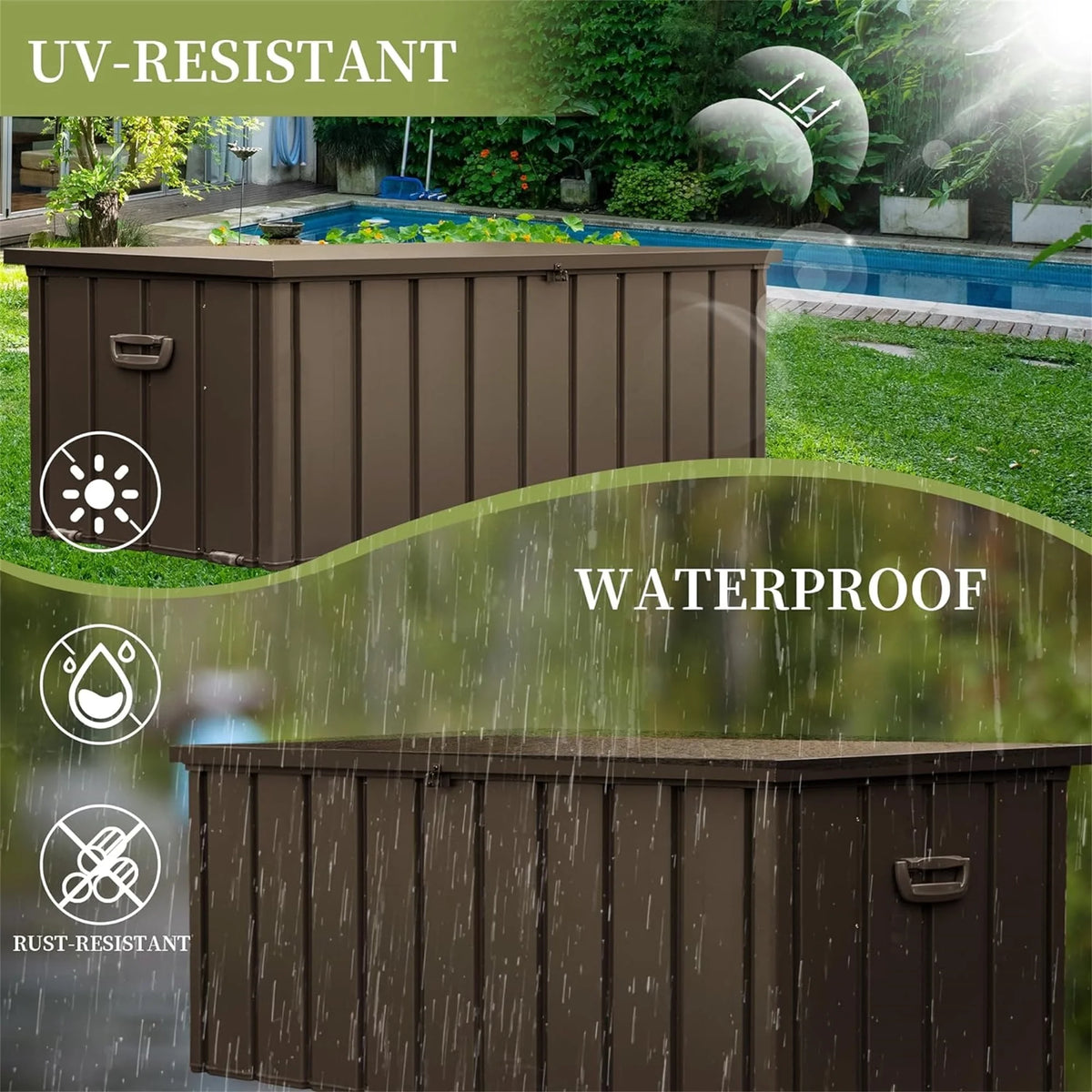 Seizeen 100 Gallon Outdoor Storage Box, Metal Deck Box on Wheels Waterproof, Large Patio Lockable Storage Bin for Outside Cushions, Pool Accessories, Throw Pillows, Garden Tools, Brown
