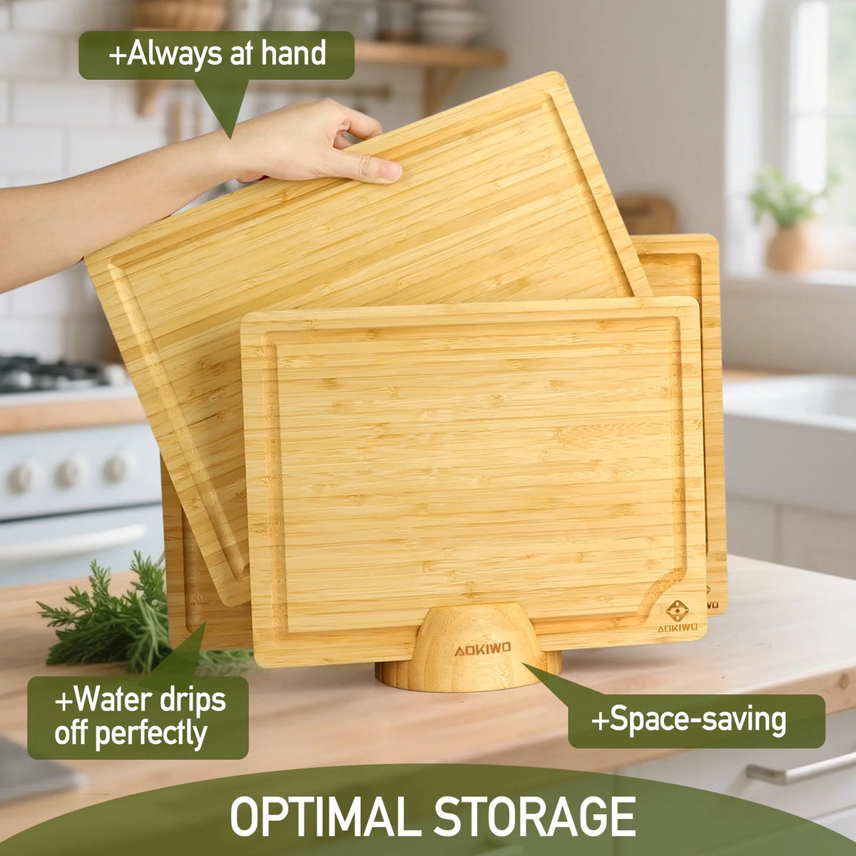 Wooden Cutting Boards with Stand - AOKIWO 8Pcs Bamboo Cutting Board with Stand and Cheese Knives and Finger Guards, Multi-functional Kitchen Meal Prep Board Sets for Charcuterie, Meat, Vegetable