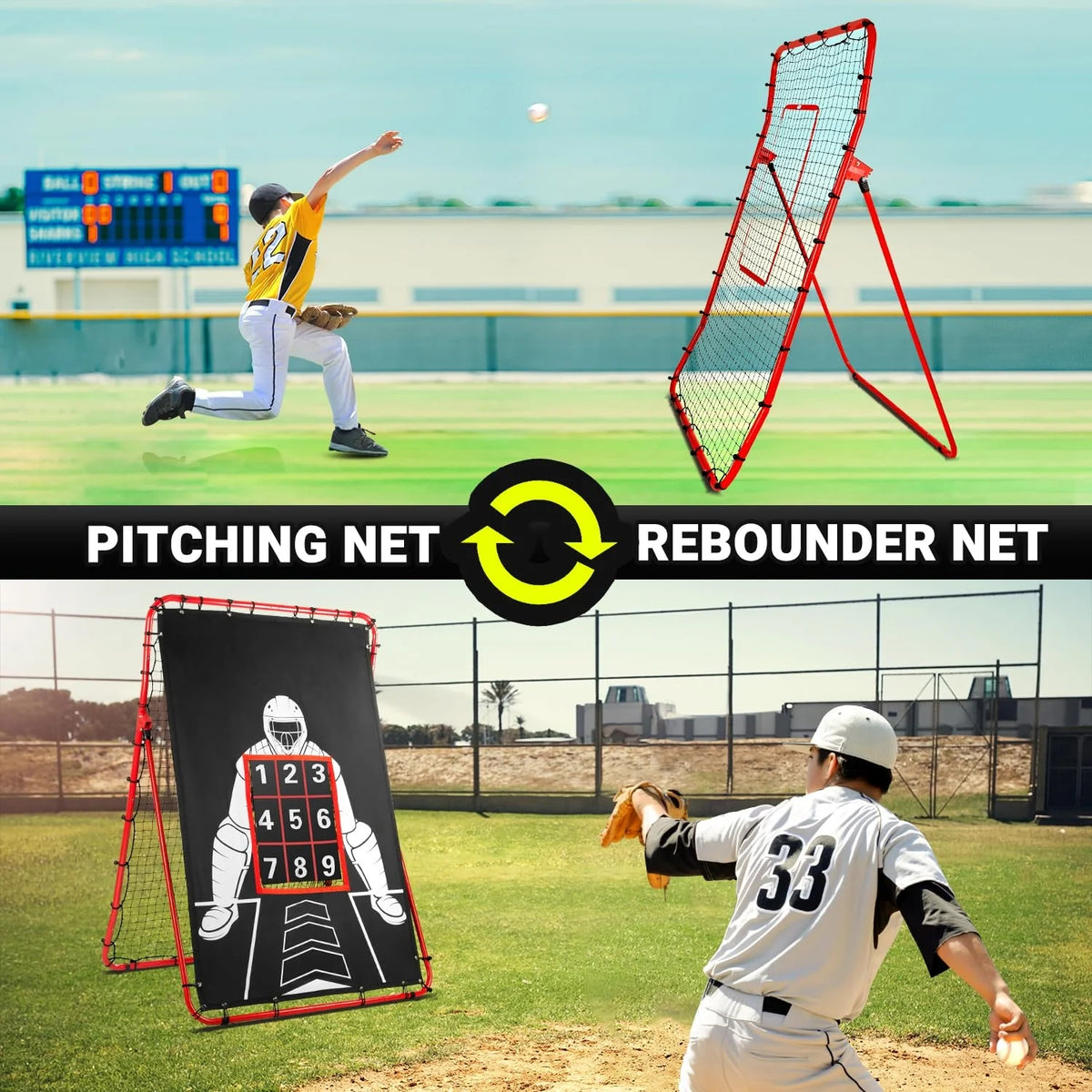 JASCOPRO Pitch Back Baseball/Softball Rebounder, 6x4Ft Baseball Rebounder Net, Adjustable Angles
